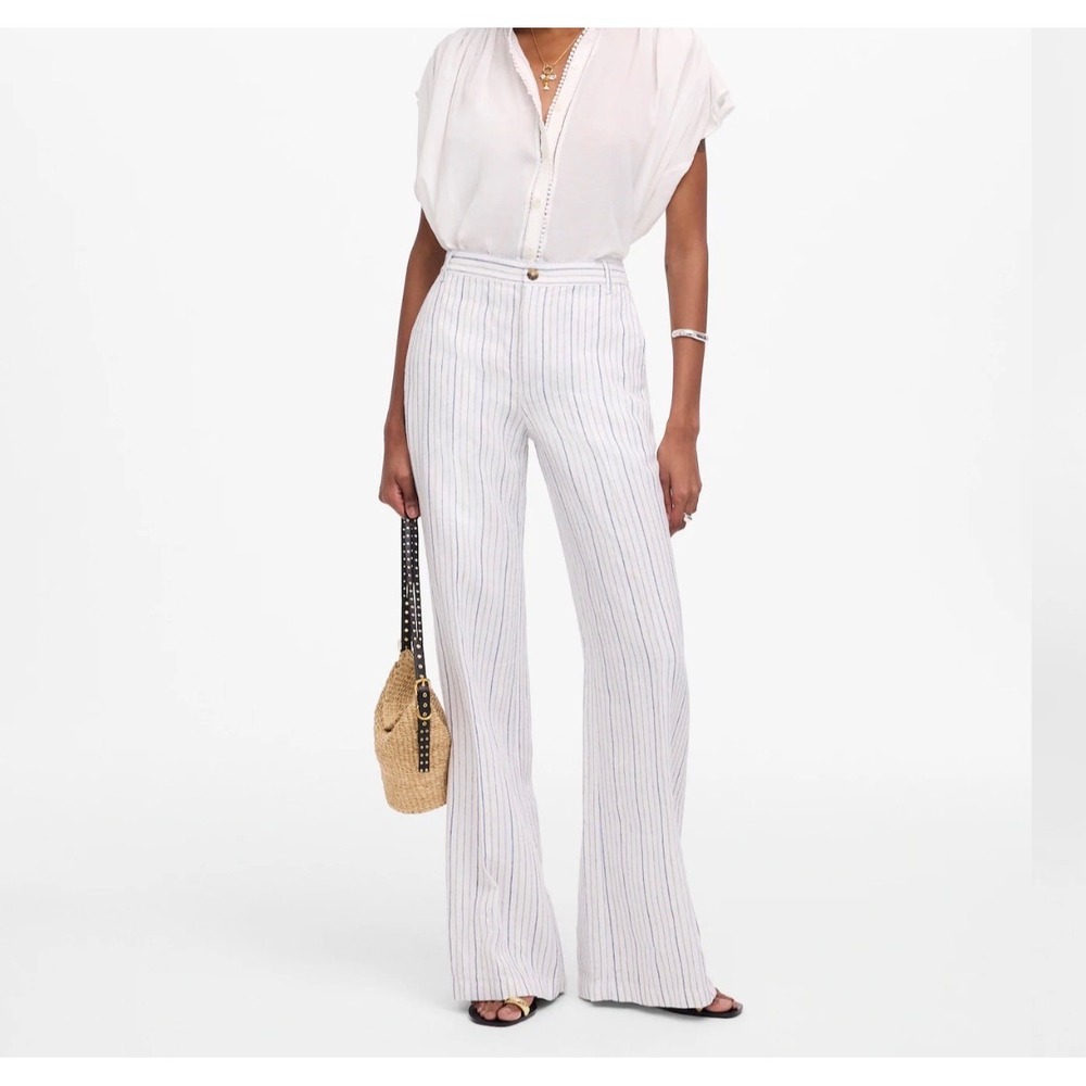 Madewell The Zoe Relaxed Wide Pant 100% Linen Striped White Blue size 6 NV159 - Picture 2 of 13
